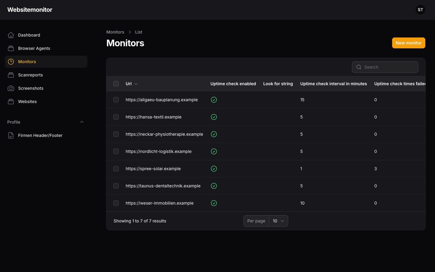 Ansicht von Websitemonitor mit Demo-Daten